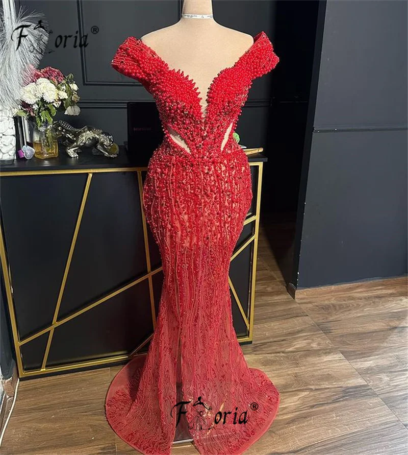 Modestos vestidos de novia rojos con cuentas de perlas completas, corte sirena, cuello en V, vestidos de fiesta de celebridades, vestidos de novia 2024