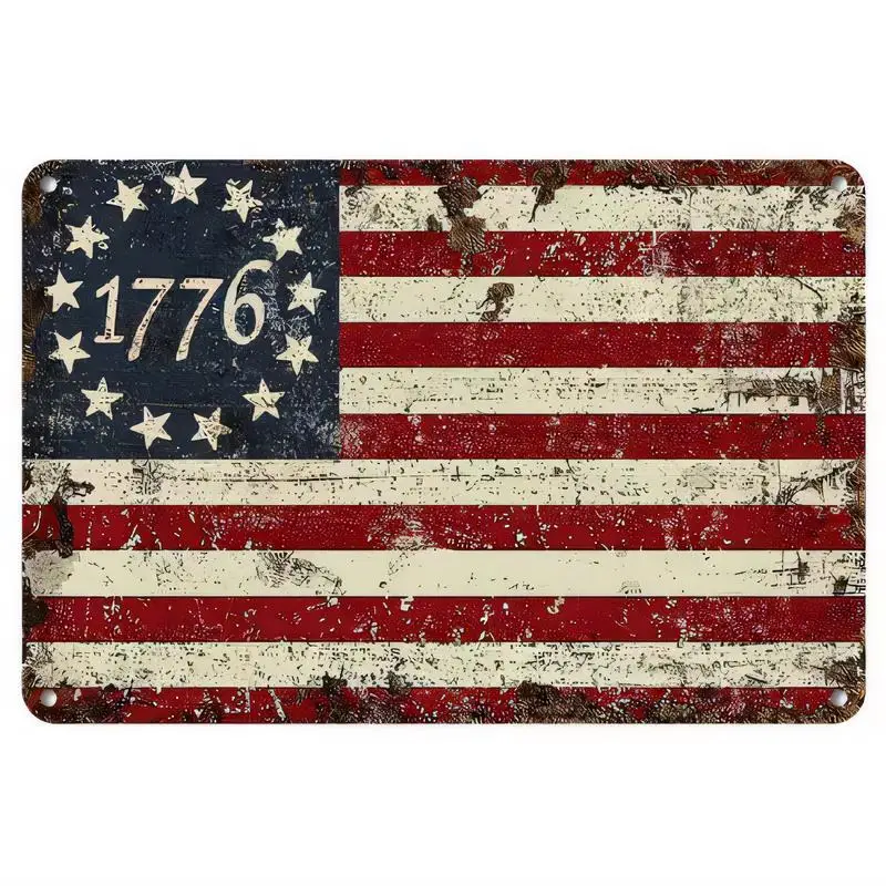 Distressed Vintage 1776 American Flag Metal Tin Sign - Retro Star - Spangled Wall Art, Rustic Iron Decor for Home, Bar, Cafe, Fa