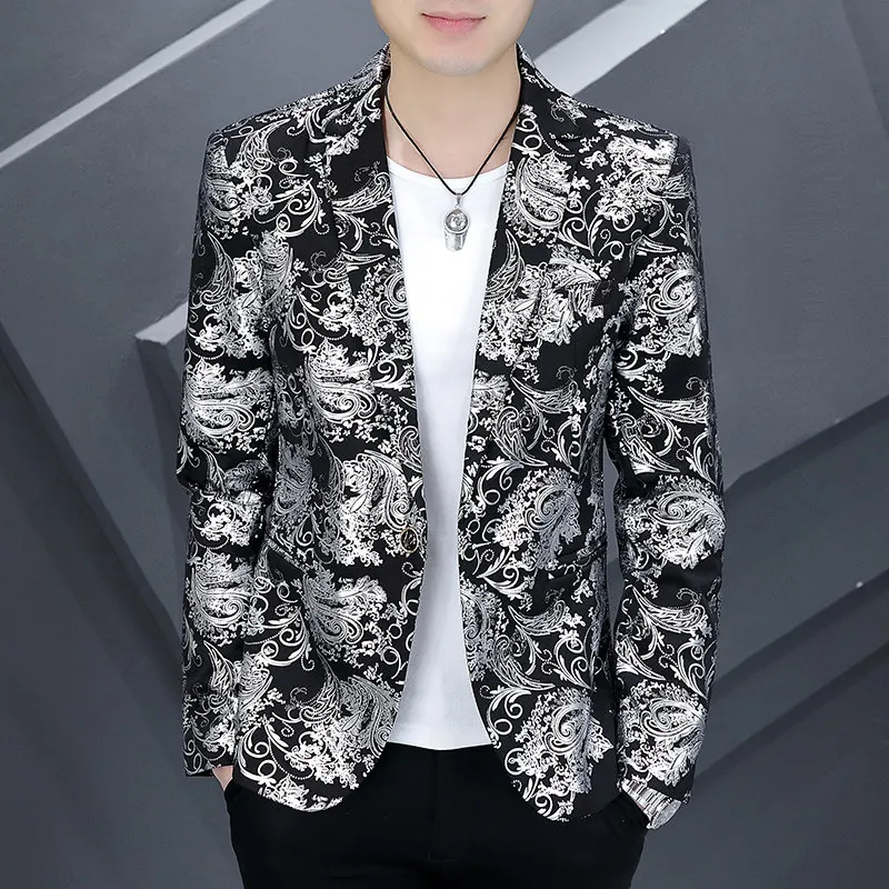 

Мужской повседневный пиджак с цветочным узором, золотистой вышивкой, приталенный, осенний, с длинным рукавом, на одной пуговице