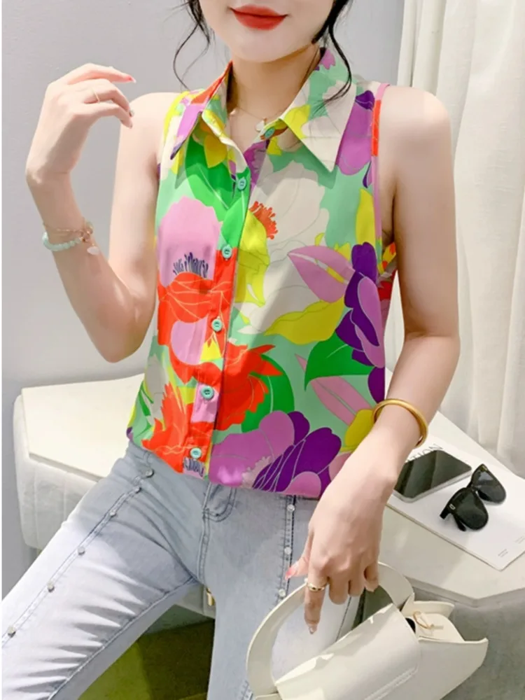 #7113 Sleeveless Shirt Women Slim Vintage Printed Womens Tops And Blouses Sexy Streetwear Short Shirt Female Korean Fashion