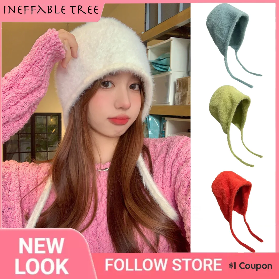 Y2K Cute Beanie Autumn Winter Hats for Women Warm Japanese Knit Pile Caps Men Ear Protection Tie Pullover Gorros De Invierno