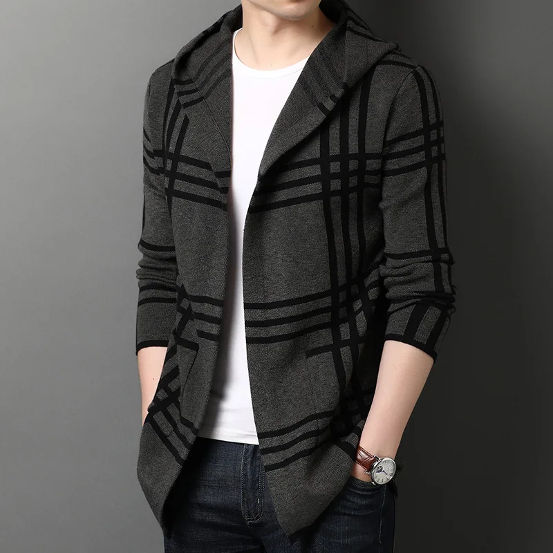 

Мужской вязаный кардиган с капюшоном в клетку, осеннее длинное пальто в корейском стиле, модный молодежный свитер Haome для весны и осени