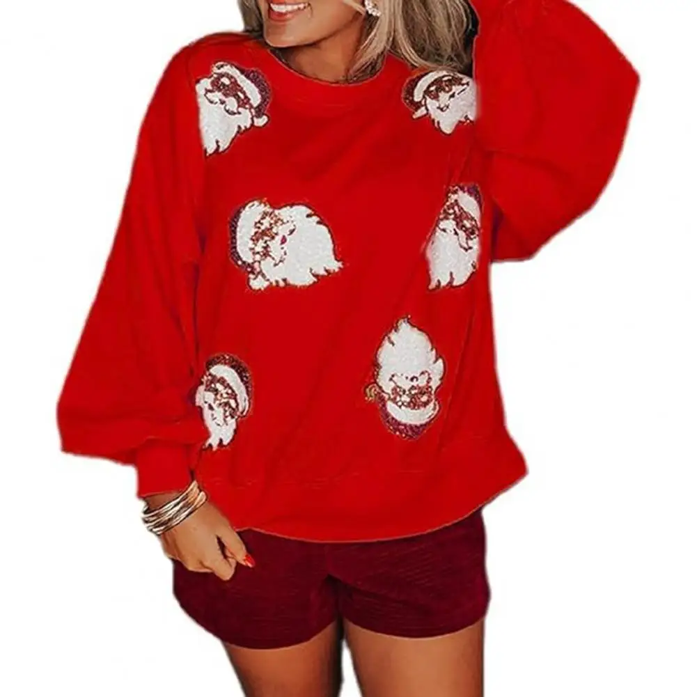 Women Christmas Sweatshirt Sequin Santa Pattern Loose Long Lantern Sleeves Pullover Sweatshirt Keep Warm New Year Party Top