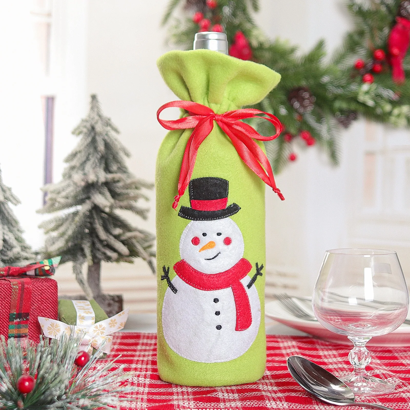 Christmas Wine Bottle Bag Cloth Santa Claus Snowman Reindeer Red Wine Bottle Set Bag Festive Table Decoration Wine Accessory