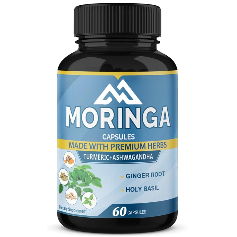 Capsule Moringa 6450mg, contenenti radice di Solanum sudafricano, tulipano, zenzero, curcuma - energia, supporto immunitario -60 capsule