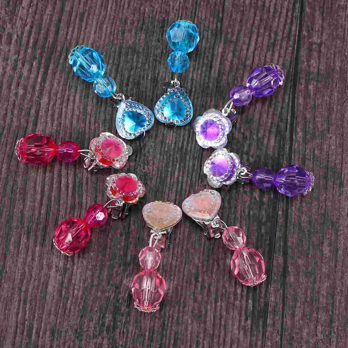 

4 Pairs Children Shiny Crystal Pendant Clip-on Earrings Set Pretend Play Jewelry Dress Up Accessories Toy