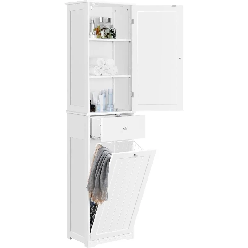 Tall Bathroom Cabinet with Laundry Basket, Tilt-Out Laundry Hamper with Upper Storage Cabinet, White, 71