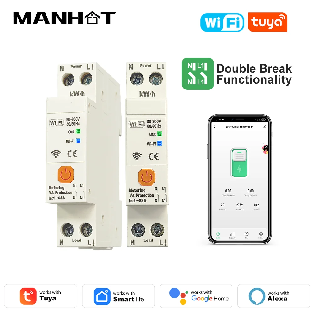 

Умный Wi-Fi автоматический выключатель Manhot MCB 1P 63A с таймером, измерителем мощности, энергии (кВтч), напряжения и тока, защитой от перегрузки, отключением N+L в одном кабеле