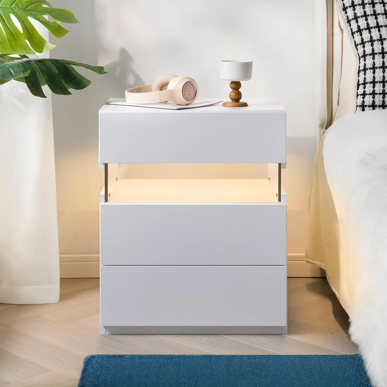 

White LED Nightstand Modern Night Stand for Bedroom Bedside Table with 3 Wood Drawers End Side Table
