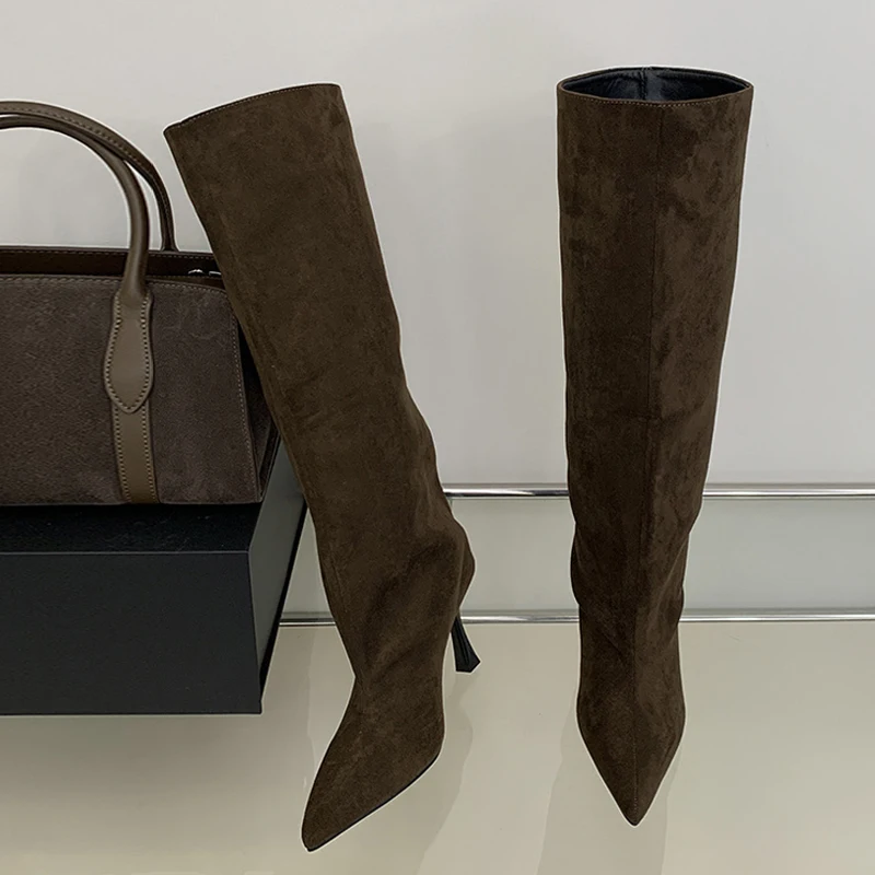 Liyke Autumn Winter Street Sexy Pointed Toe Slouchy Suede Knee High Boots Women Low Thin Heels Shoes Designer Long Booties Black