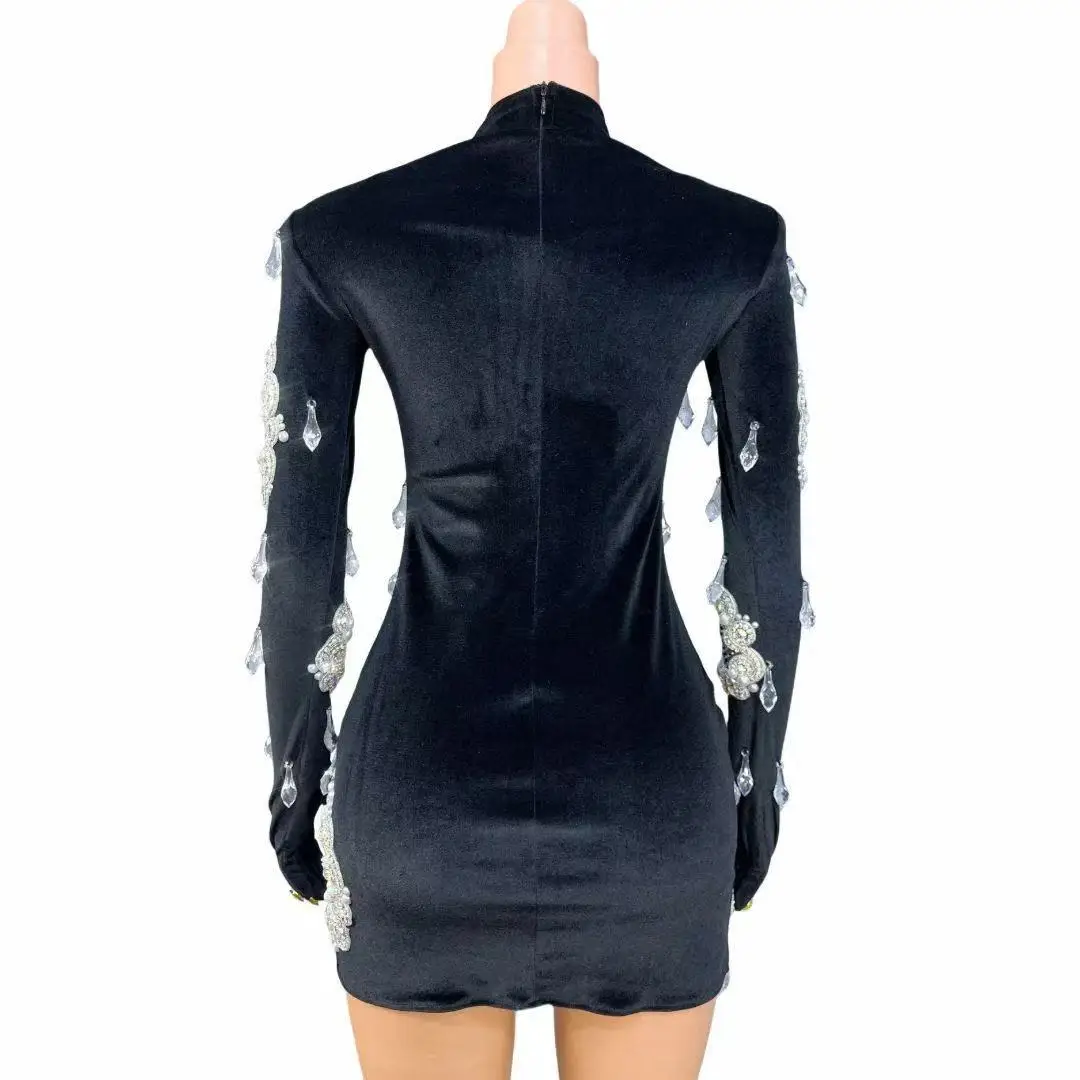 Sexy Black Irregularity Hollow out Twinkling Pendants Crystals Pearls Dress Women Birthday Evening Red carpet Show Stage Wear