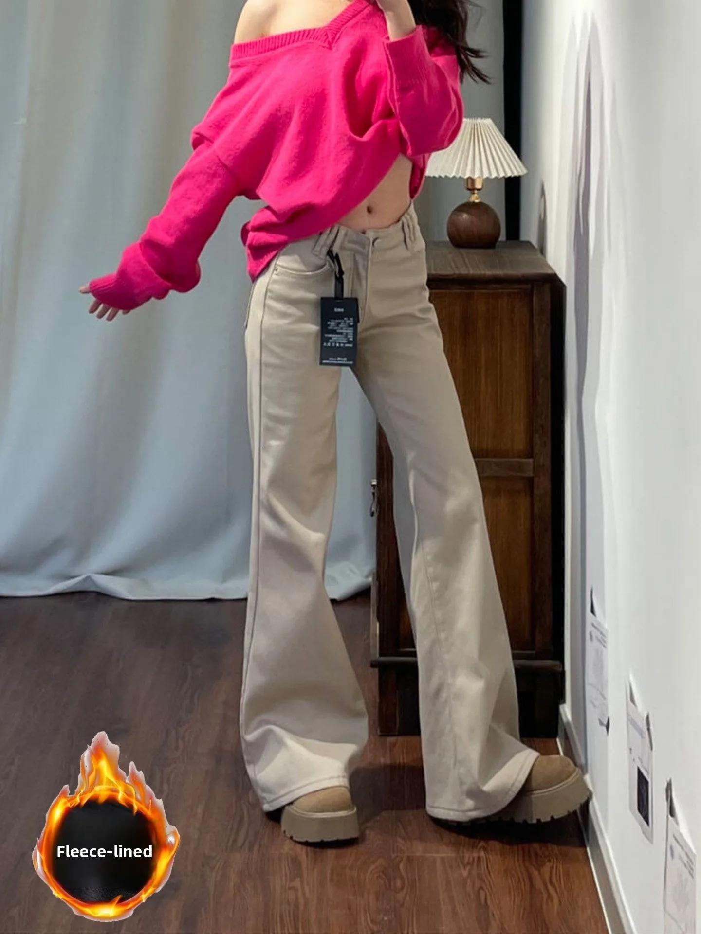 

Джинсы женские с высокой талией, расклешенные, на подкладке, цвет хаки, весенняя новинка, суперудобные, утягивающие, брюки-клеш