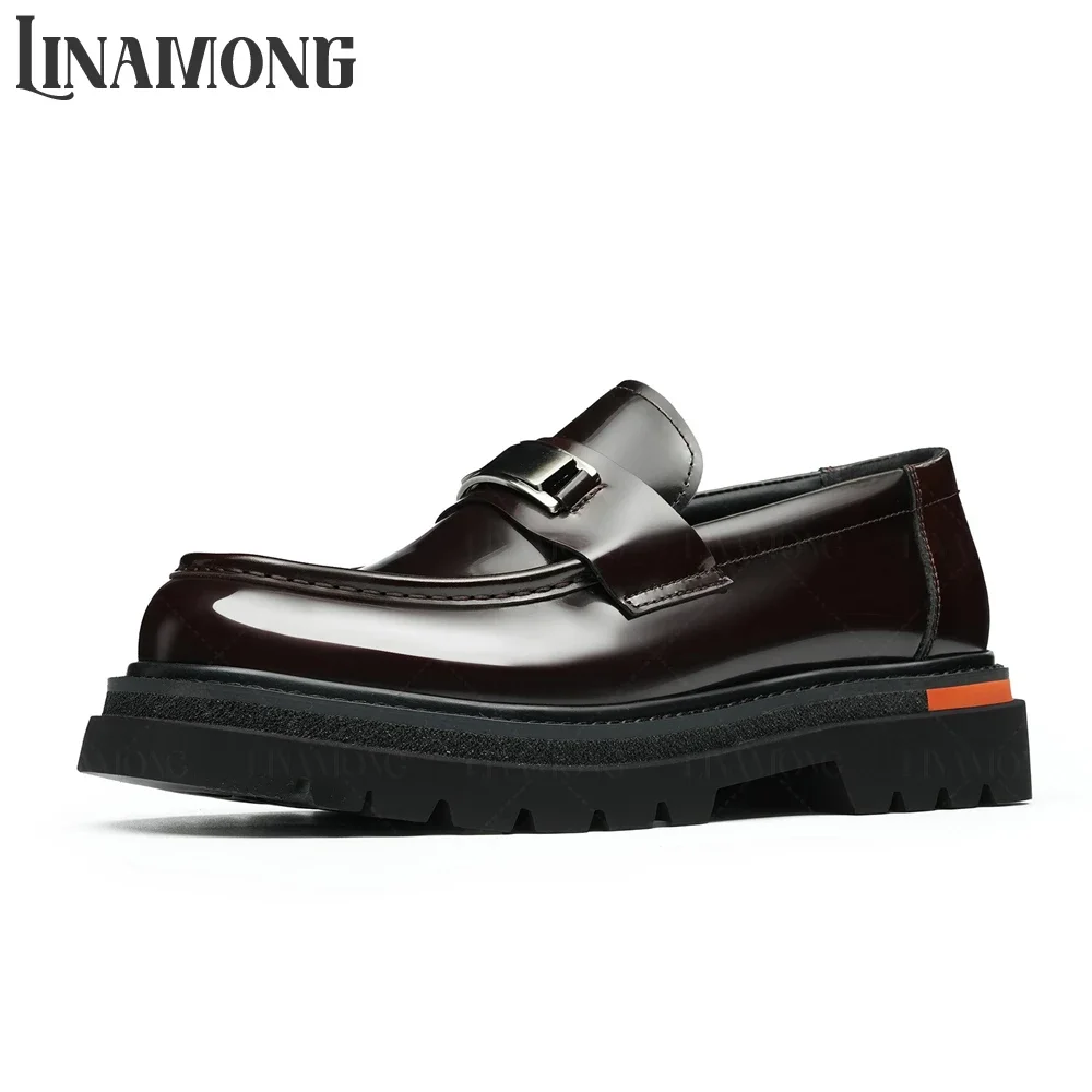 Glossy Leather Loafers Round Toe Slip on Comfortable Business Casual Shoes Metallic Square Buckle Elegant Business Dress Shoes