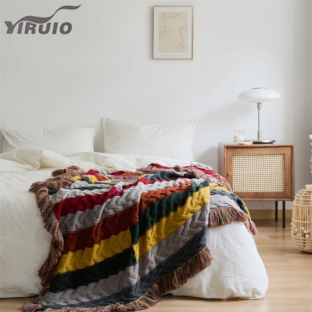 YIRUIO Luxury Elegant Mulitcolor Plaid Blanket Fringes Tassels Edge Design Cable Knit Wool Blankets Family Friend Gift Blankets