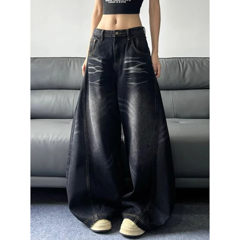 American Vintage Jeans Women Streetwear Whiskers Loose Wide Leg Jeans Autumn High Street Hip Hop Female Lazy Wind Denim Pants