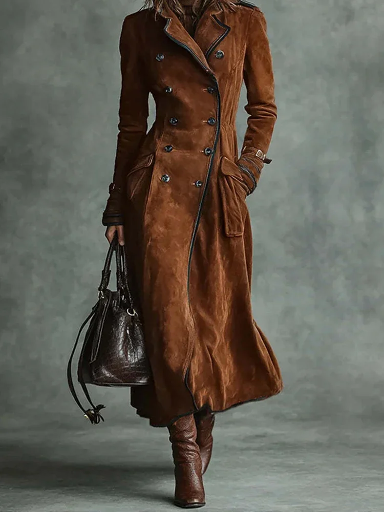 المرأة موضة التلبيب طوق جيوب سترات طويلة أزرار أنيقة الصلبة المخملية معاطف Vintage كم طويل سترة واقية معاطف