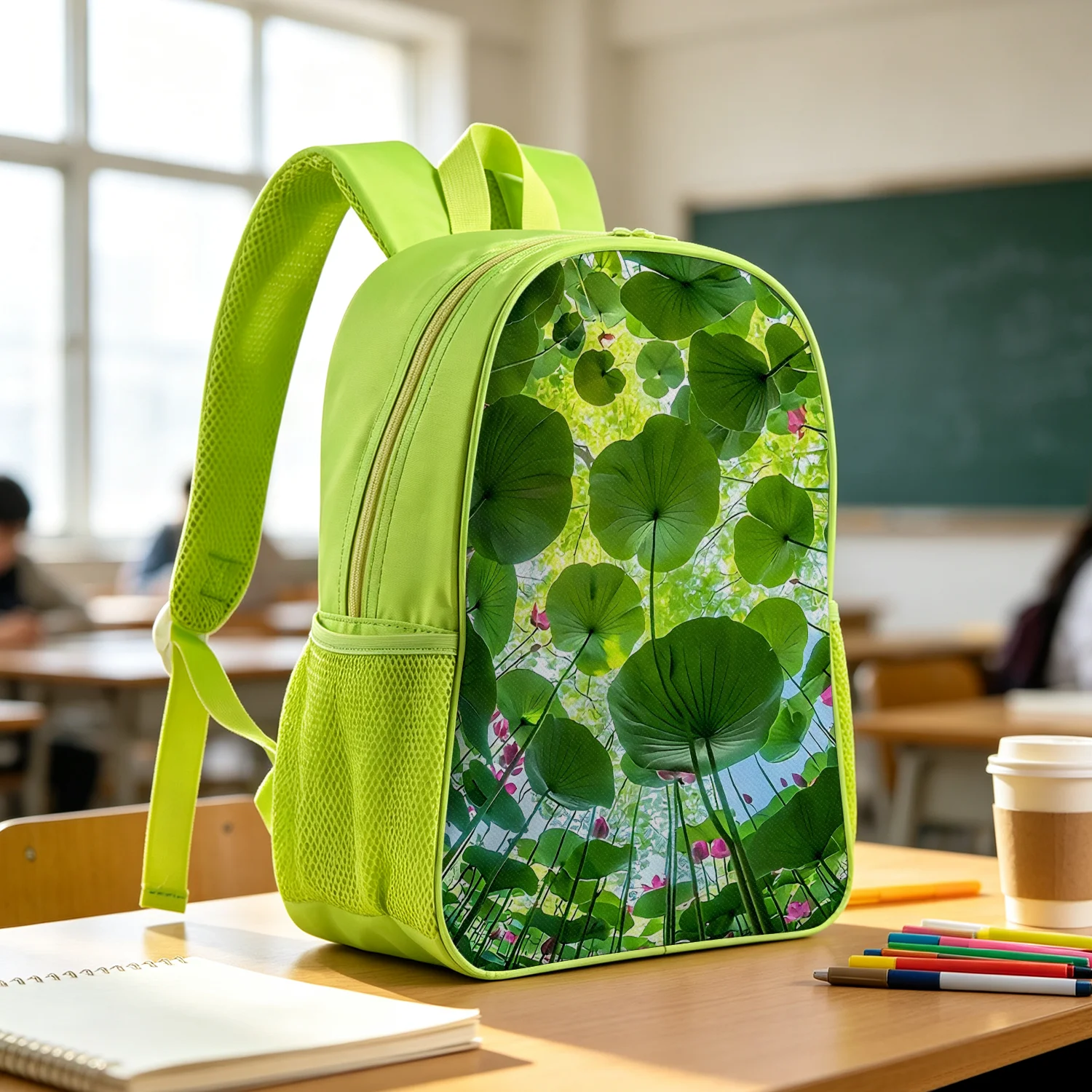 Fresh Green Lotus Leaf Backpack Lightweight School Bookbag with Flower Pond Nature Print Adjustable Padded Straps