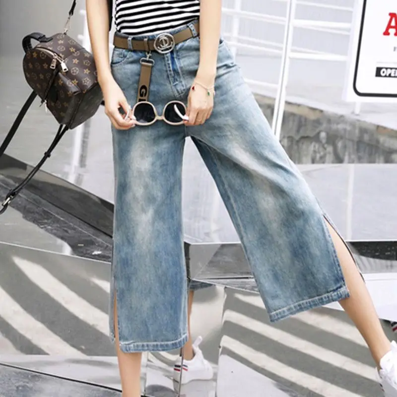 Jeans 2023 Spring/Summer New Women\'s Thin Split Wide Leg Pants Show Slim Fashion High Waist Denim Casual Pants