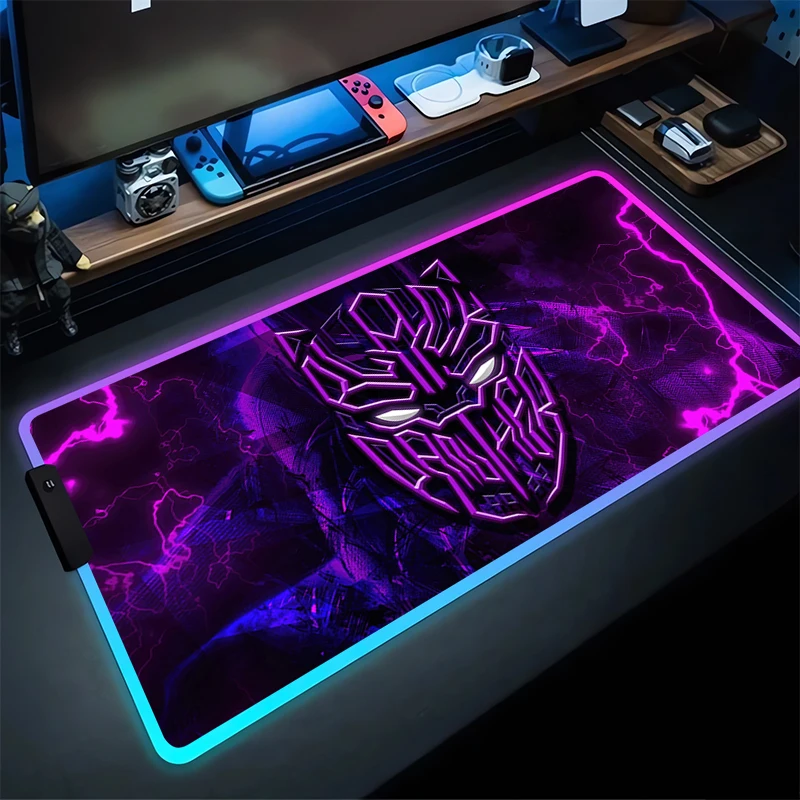 RGB Gaming Mouse Pad B-Black Panthers Desk Mat HD Gamer Accessories Large LED Light MousePads PC Computer Carpet With Backlit