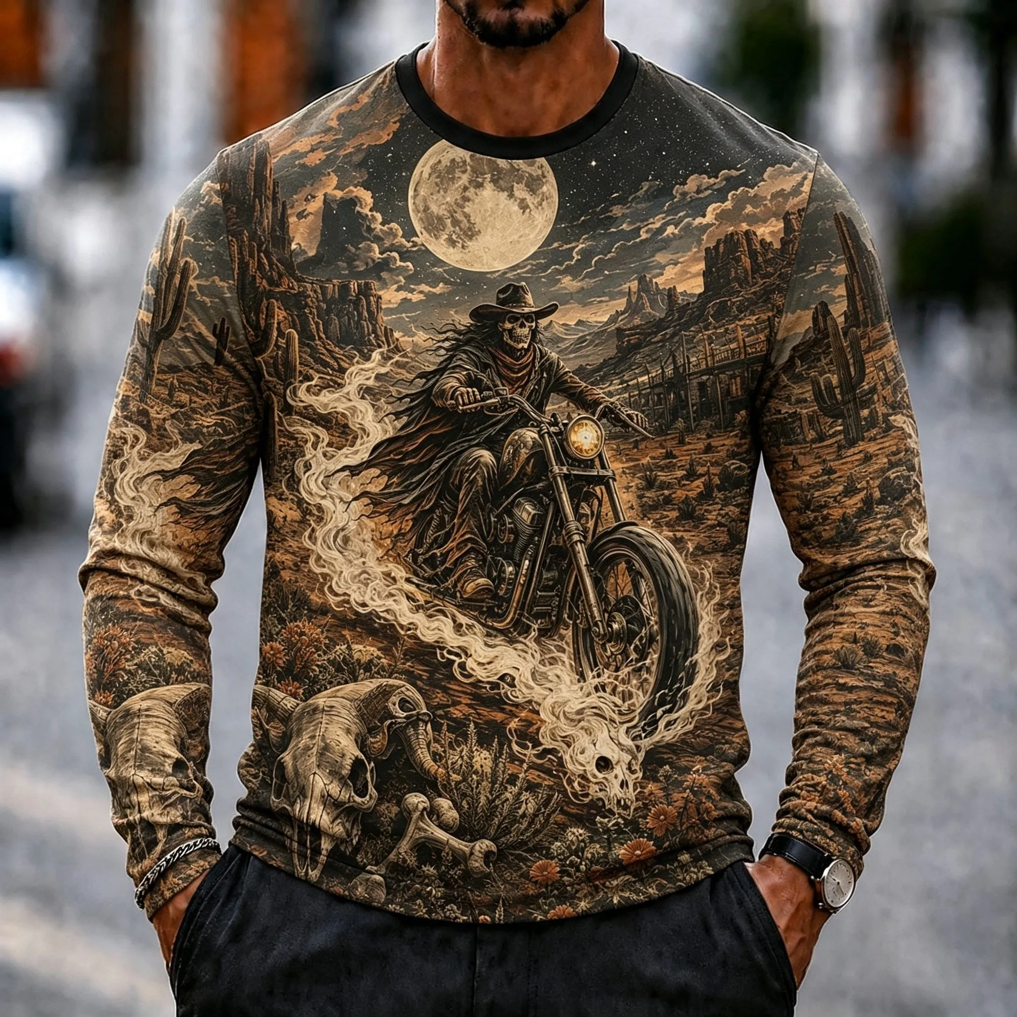 Men's Retro Western Long Sleeve T‑Shirt 3D All‑Over Print Skeleton Biker Motorcycle Desert Cactus Moon Flame Graphic Casual