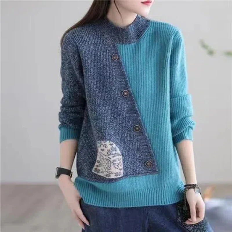 Vintage Autumn Winter New Sweaters Pullovers Women\'sMock Neck Contrast Color Patchwork Button Fashion Long Sleeve Knitted Tops