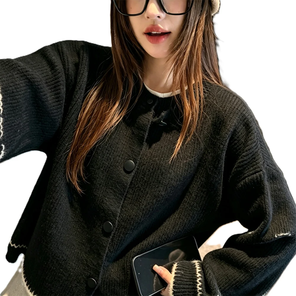 Solid Color Women Knit Cardigan Coat Loose Round Neck Thickened Polyester Layering Piece for Holiday Home Daily Wear