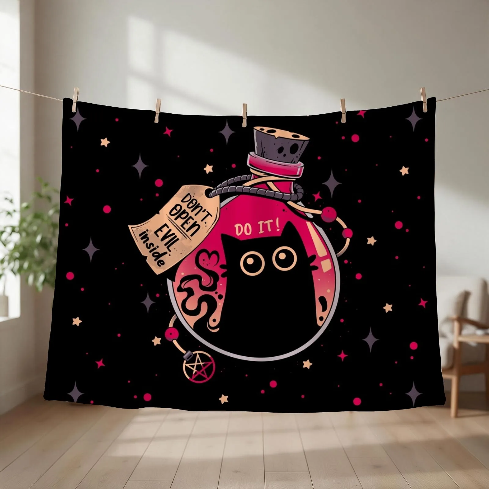 Bottled Menace - Evil Black Cat Throw Blanket couch cozy soft plush fuzzy picnic outdoor blanket
