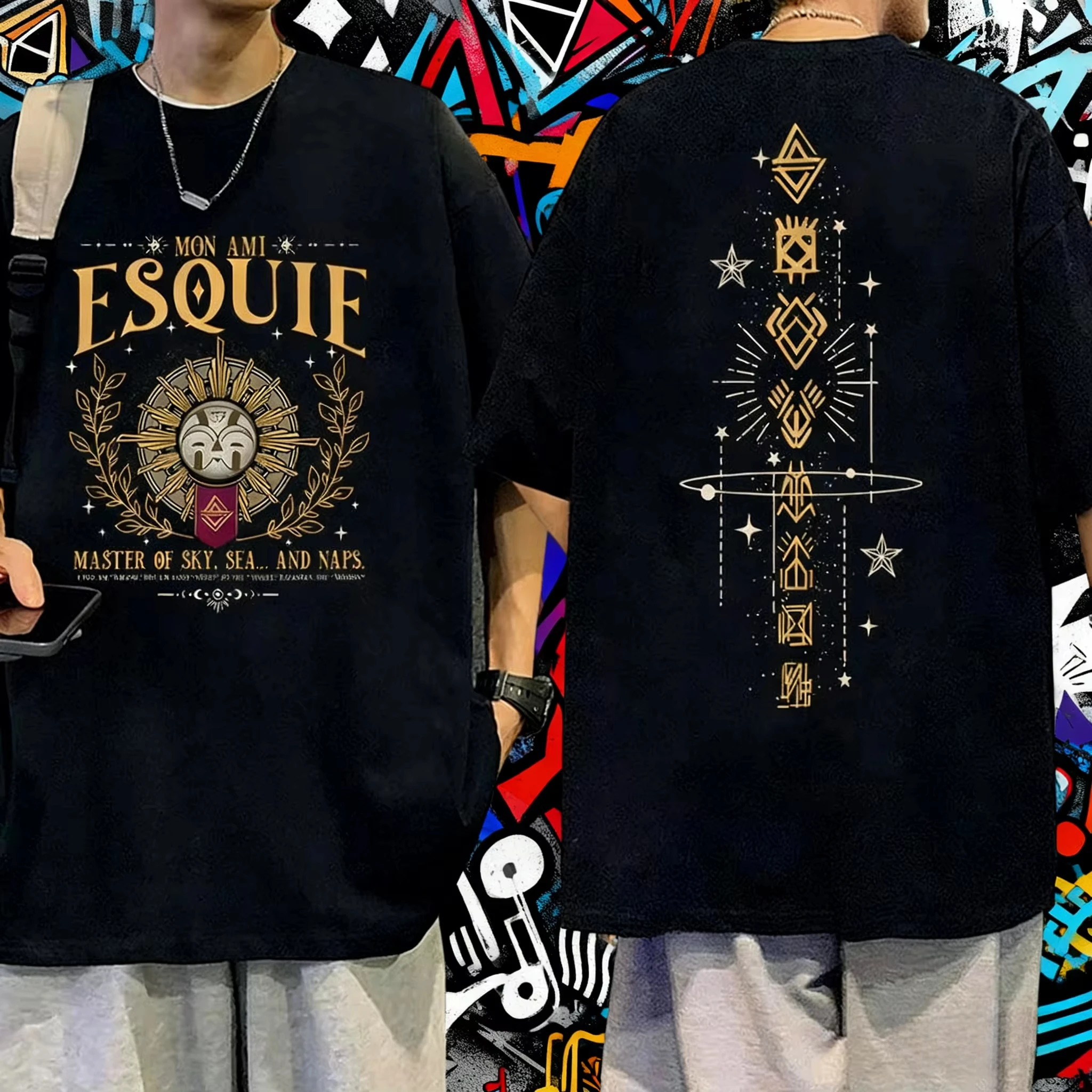 Camiseta Gráfica de Doble Cara Mon Ami Esquie con Estampado de Símbolo de Juego de Fantasía, Estilo Gótico Vintage, Oversize, Unisex, Y2K, Top de Verano de Manga Corta