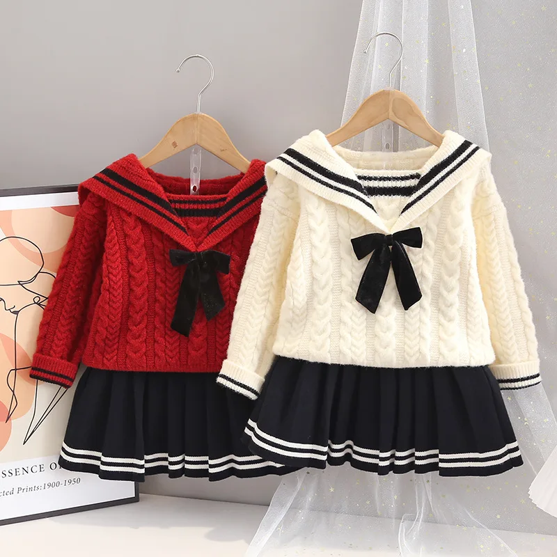 

Cute Girls Sets Sailor Collar With Bow Long Sleeve Knitted Pullover+Skirts Two-Piece Suits Spring Autumn Fashion Sweet Kids Sets