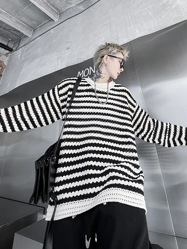 

Легкий вязаный свитер Ins Maturi в стиле Lazy Sle с вырезами, в стиле Color Block, модный топ, корейский свободный полосатый свитер с длинными рукавами