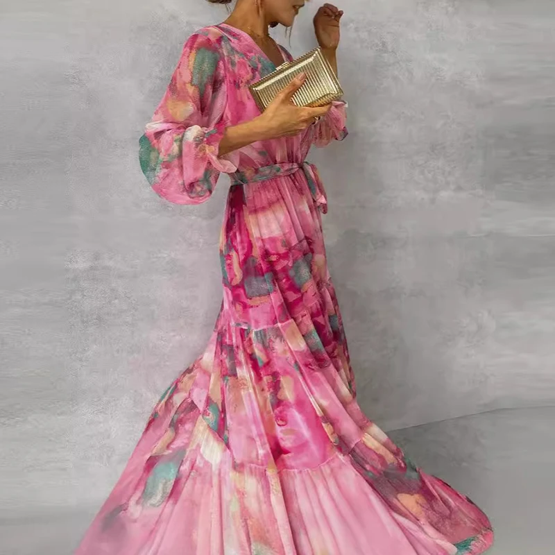 New Women Printed Office Long Dress Lady Elegant V-Neck Loose A-line Dress Summer 2024 Temperament Long Sleeve Hem Belt Dress