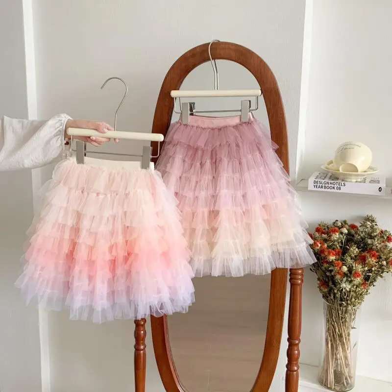Spring Summer Child Rainbow Tiered Skirt Girl Sweet Cute Mesh Puff Skirt New Model Tutu Skirt Princess Dress Skirt Festival Gift