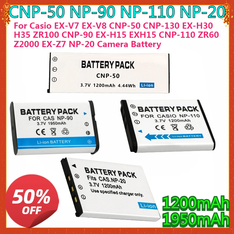 

New For Casio EX-V7 EX-V8 CNP-50 CNP-130 EX-H30 H35 ZR100 CNP-90 EX-H15 EXH15 CNP-110 ZR60 Z2000 EX-Z7 NP-20 Camera Battery