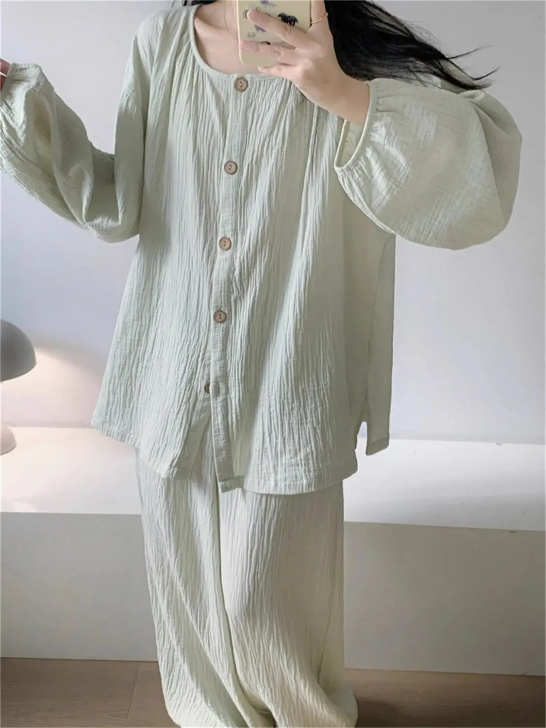 

Зеленые пижамные комплекты в корейском стиле, женские весенне-осенние свободные брюки с длинными рукавами, домашняя одежда, комплект из 2 предметов, женские пижамы, новинка