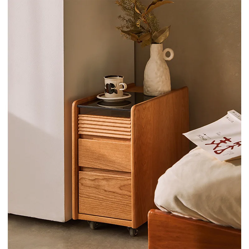Cherry wood solid wood bedside table removable shelf side cabinet extremely narrow wireless charging small chest cabinet storage