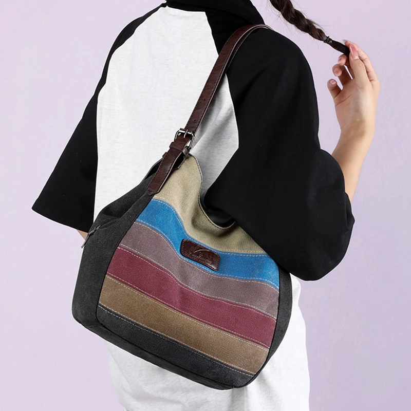 Large Capacity Tote Bag Women\'s Casual All Kinds Of Striped Color Contrast Shoulder Bag Multi-Space Canvas Hand Bag Women