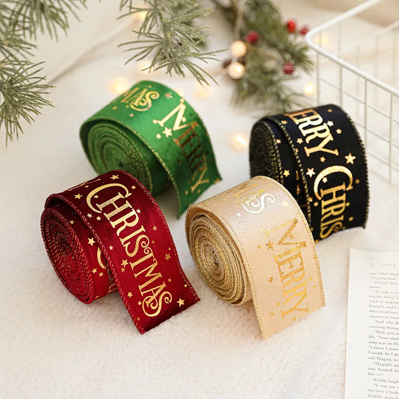 2025 Merry Christmas Flocking Ribbon for Crafts Diy Bow Red Gliter Ribbon DIY Xmas Tree Bow Gifts Packing Navidad Home Decor