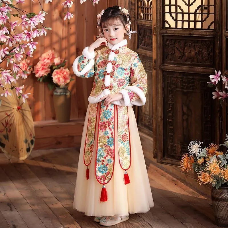 

2026 Girls' Embroidered Ancient New Year's Costume Hanfu Set Children's Tang Costume Hanfu Chinese Thick Winter Hanfu Set LI810