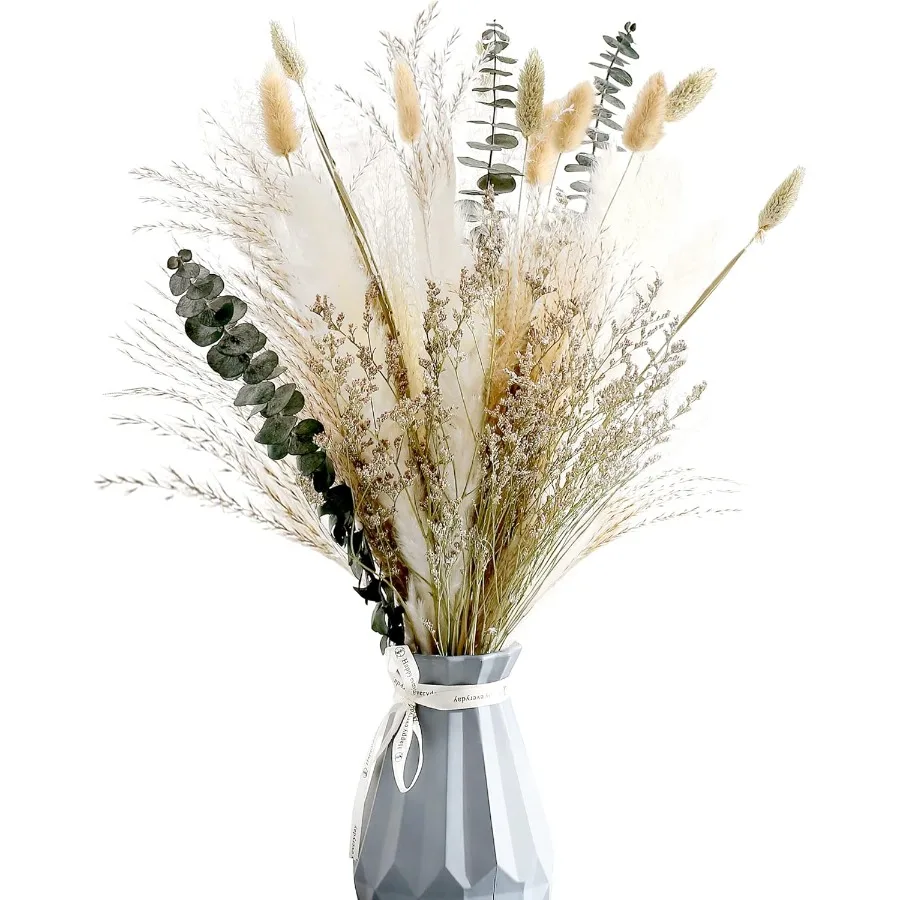 ช่อดอกไม้แห้งธรรมชาติ 17 ดอก พร้อมหญ้าแพมพัสสีเขียว สำหรับตกแต่งแจกันในบ้าน สไตล์โบโฮ ฟาร์มเฮาส์ ตกแต่งบ้าน จัดดอกไม้ ติดทนนาน
