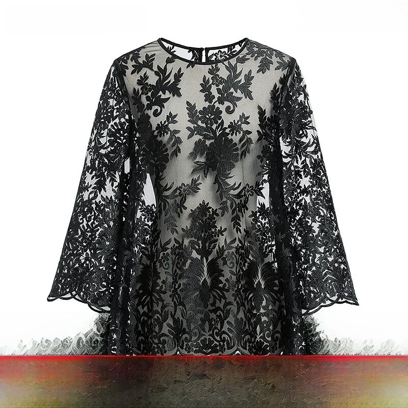 

Red Sve 2024 Autumn New Women's Asymmetric Long Sve round Ne Embroidered Lace irt Commute Sle Loose Fit Nylon Fiber