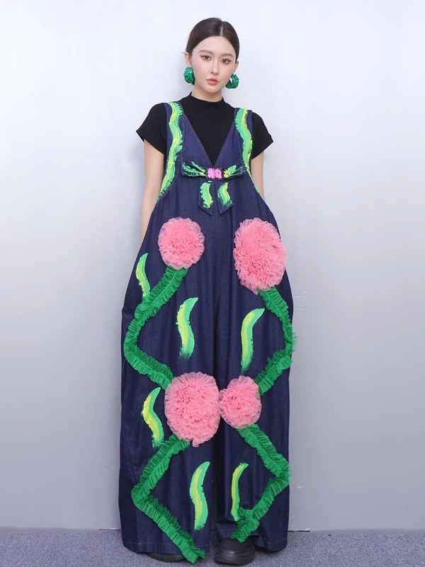 ชุดเดนิมขายาวผู้หญิงลายดอกไม้พิมพ์ลายดอกไม้สามมิติ ดีไซน์แฟชั่นทรงหลวมพรางหุ่น เอวสูง สำหรับฤดูใบไม้ร่วงและฤดูหนาว