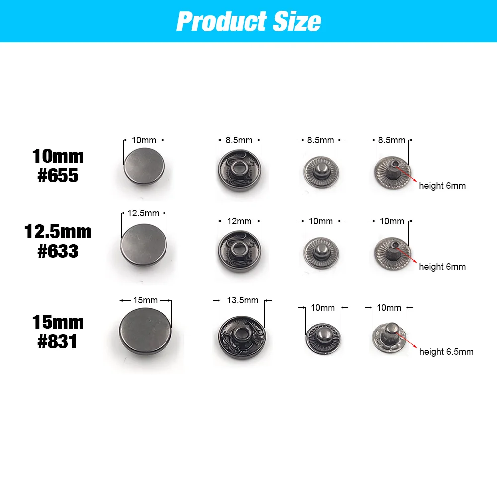 25Sets 831/633/655 Snap Fasteners Metal Snaps Press Button Studs Optional Tool For DIY Sewing Clothes Garment Bags Shoes Jacket