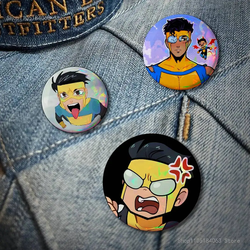 I-InvincibleS Chibis Ename Reflective Pin Tinplate Round Brooch Cartoon Cosplay Badges for Bag Hat Toys Gifts