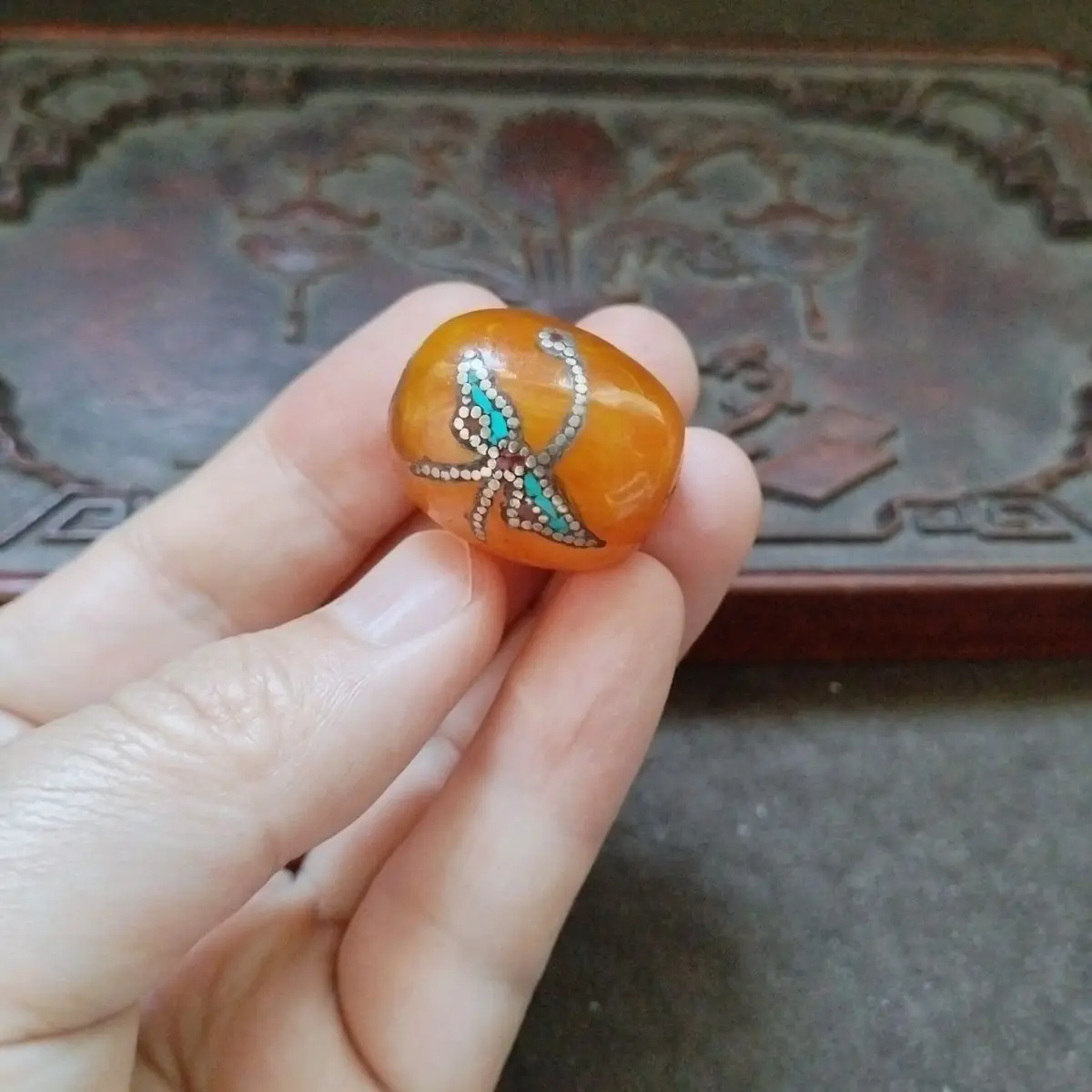 Antique collection old pulp old silver inlaid butterfly second generation beeswax bucket beads drum beads with beads 27 * 22mm