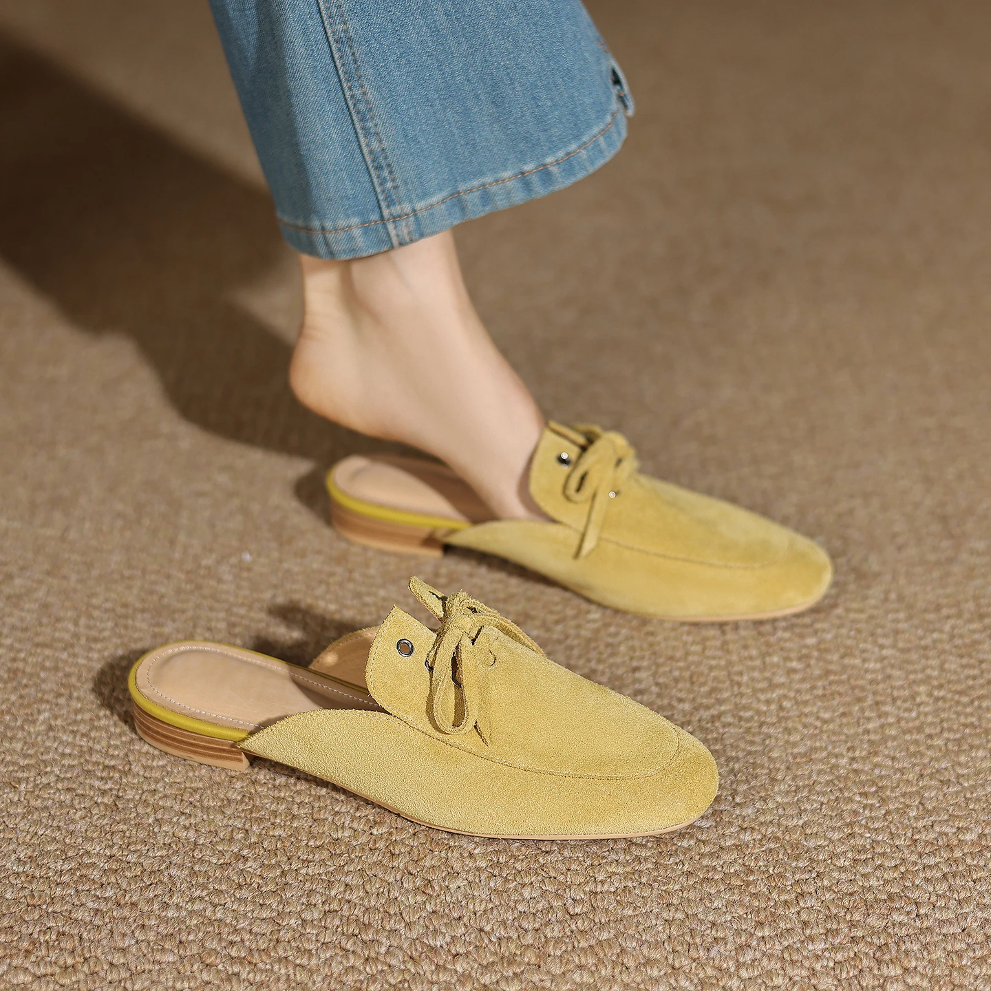 

New Genuine Leather Cowhide Women Mules,Round Toe Slip-on Women Slippers,Flats Women Shoes