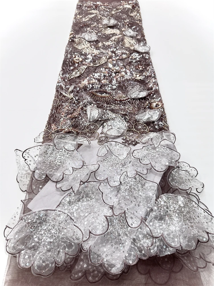 Neuester französischer Spitzenstoff mit 3D-Blumenmuster und Perlen, hochwertige Netz-Applikation, Netz-Spitzenstoffe, 5 Yards für Hochzeits- und Partykleider