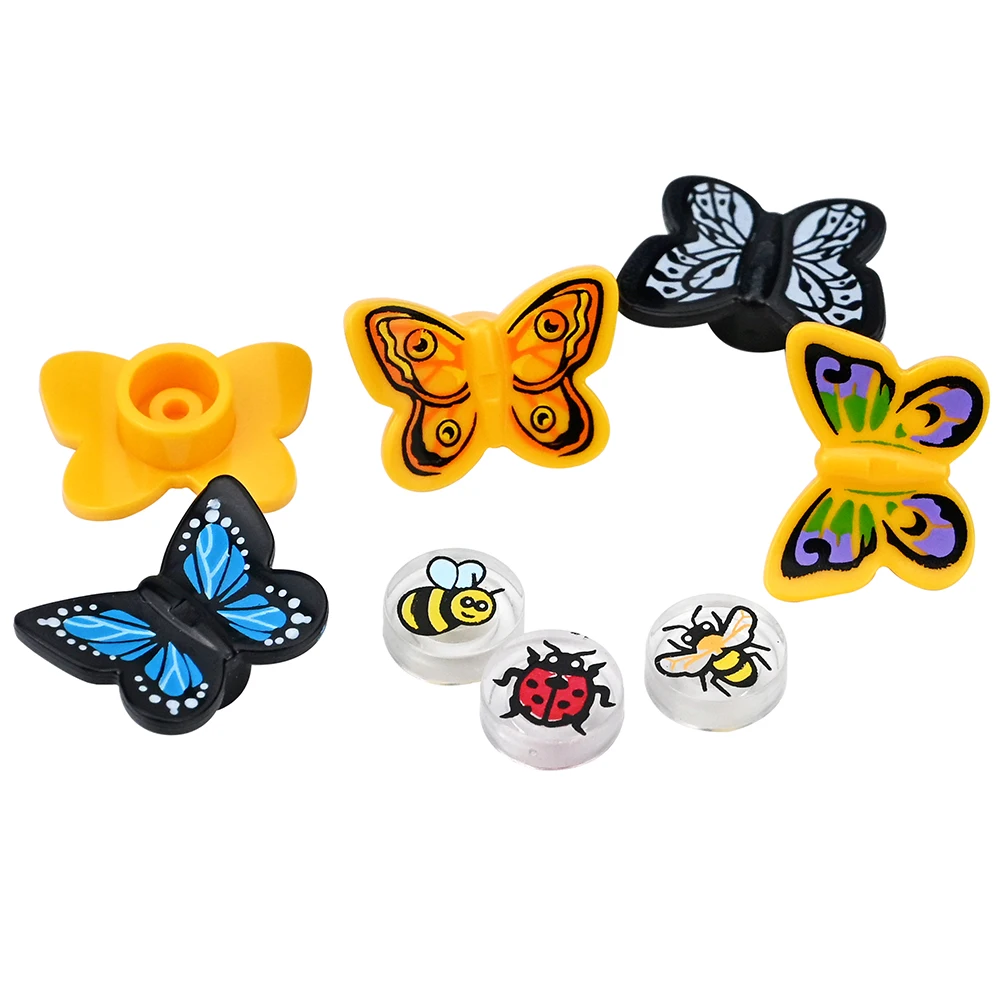 Bee Ladybug Pattern Compatible Building Block 20Pcs Round 1x1 Printed Tile with  Part Insect Print Decorative Butterfly
