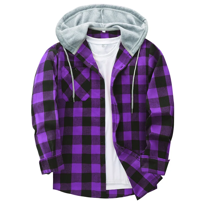 Spring Autumn Men\'s Checkered Shirt Hooded Flannel Warm Fashion Luxury Elegant Shirts For Men Blouse Clothing