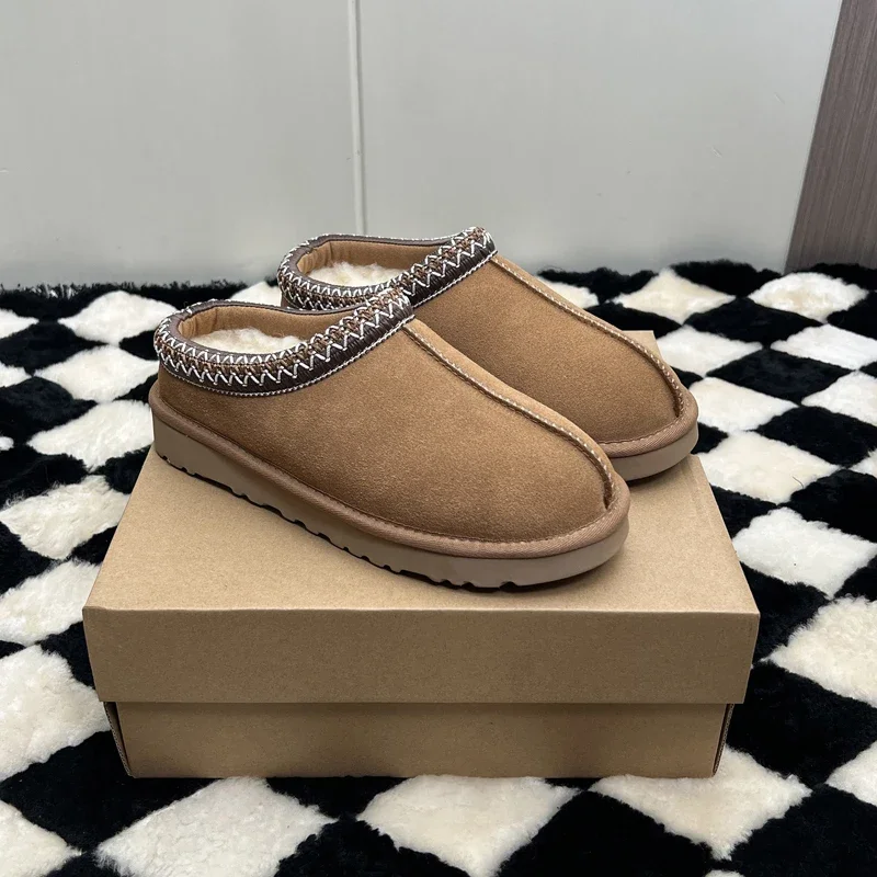 

New Women's Sneaker Fur Boot Leather Thick Sole Platform Slippers Slides Autumn Winter Wool Insulated Chestnu Snow Boots 35-42