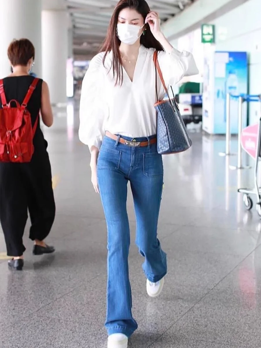 

Spring New Sle Slimming High Waist Bell Bot Jeans Elastic Stretchy Blue Color Women's Premium Denim Pants Casual Trousers